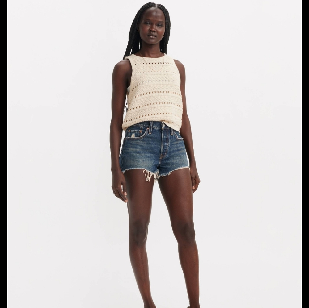 Levi's Blue Jean Shorts with Frayed Hem and Distressed Style